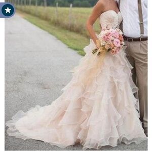 Elegant Pink Strapless Ruffle Gown